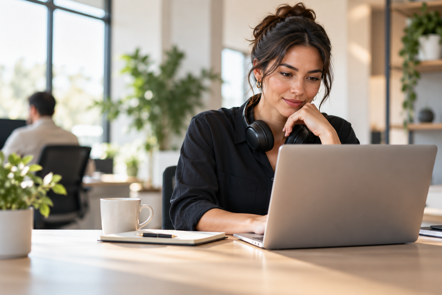 A support specialist reviewing a drafted reply at a bright workspace