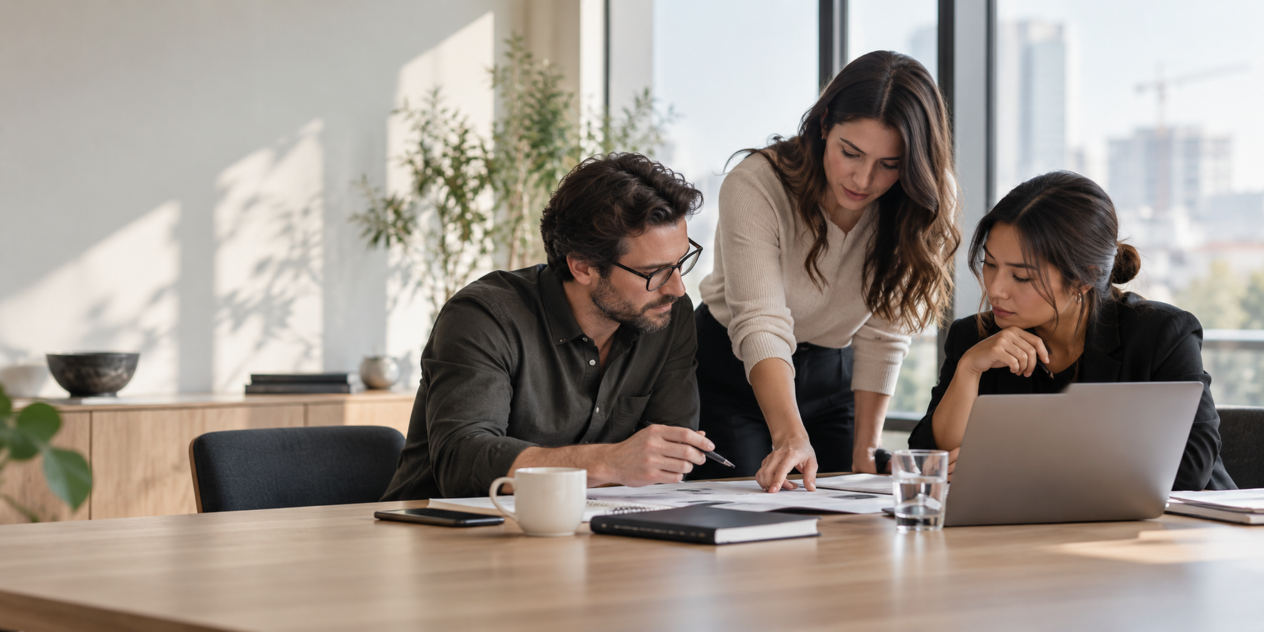 A professional-services team reviewing client work together