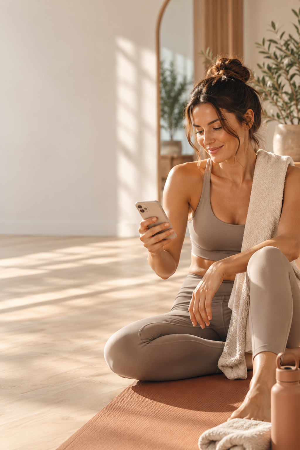 A woman checking a wellness app after a morning class