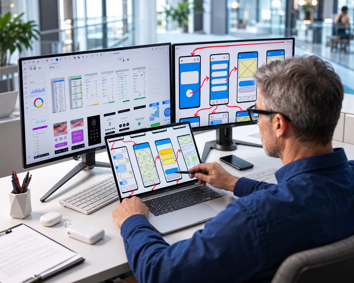 Phones and tablets on a device-testing bench