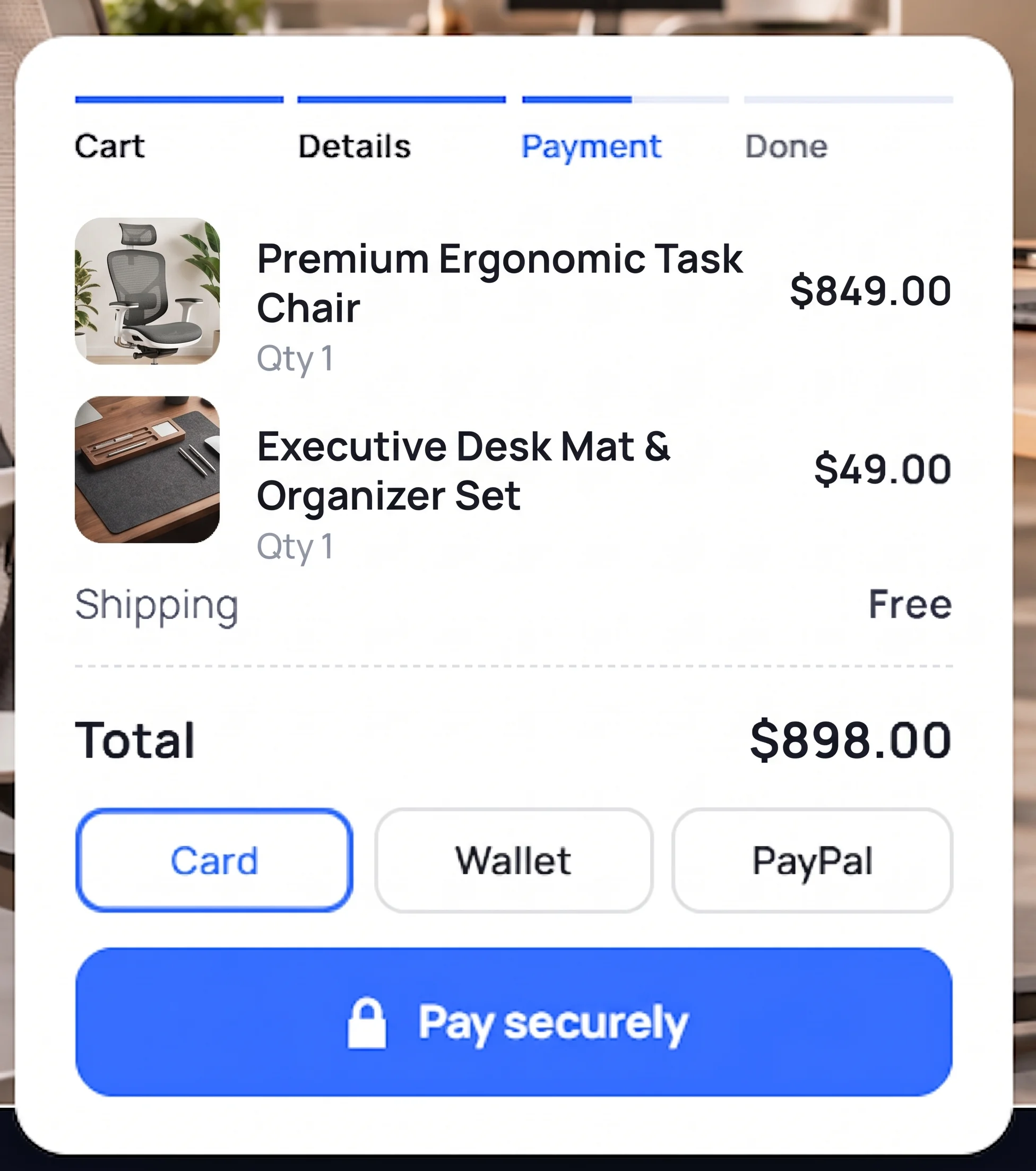 Checkout: ergonomic task chair and desk mat, total $898.00